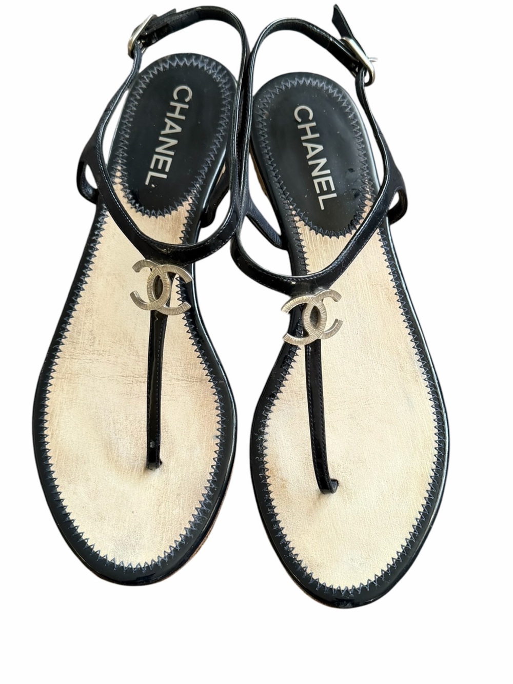 CHANEL Black Leather CC Thong Sandals Silver Logo Ankle Strap